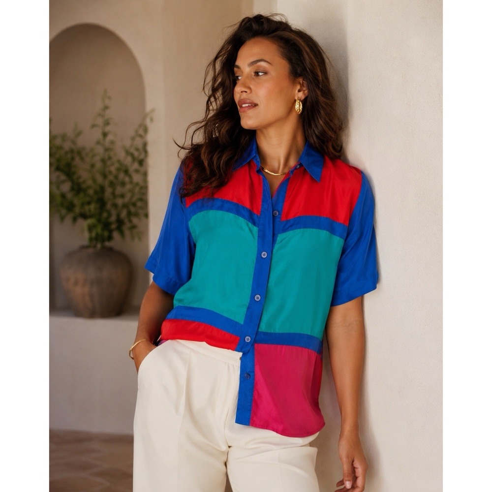100% Silk Colorblock Blouse Womens L Blue Red Green Button Front Retro Shirt